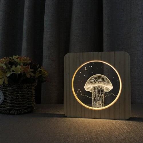 Little Mushroom Shape 3D Wooden LED Lamp Table Light Switch Control Carving Lamp for Bedroom Decoration Light