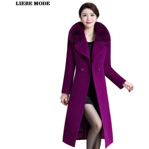 Womens Fake Fox Fur Collar Wool Coat Women Autumn Thick Trench Coat Belt Plus Size Ladies Red Khaki Purple Knee Length Overcoat