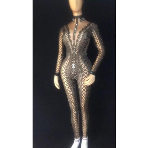3 Colors Spandex Printed Stretch Jumpsuit Rhinestones One Piece Bodysuit Costume Stage Outfit Singer Dancer Performance Romper
