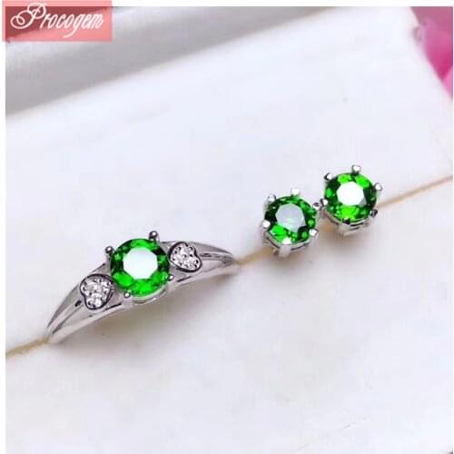 Natural Diopside Jewelry sets for Women Accessories real gems Heart Simple style fine Jewelry Ring/Stud Earring S925 silver #133
