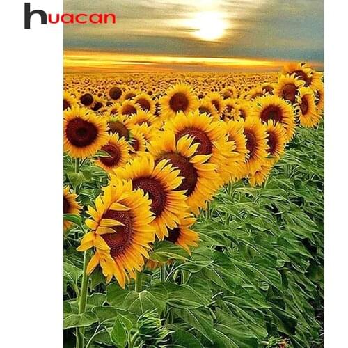Huacan 5d Diamond Painting Sunflower Home Decor Mosaic Embroidery Sunset Plant Crystal Wall Stickers