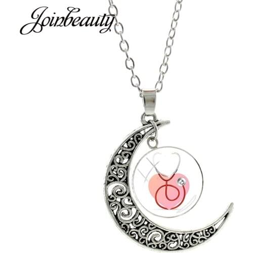 JOINBEAUTY Heat Stethoscope Syringe Photo Necklaces Round Glass Moon Pendant Necklace Handmade Fashion Nurse Gifts Jewelry NT294
