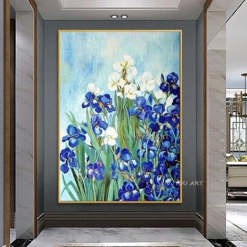 Abstract Blue Flower Oil Painting On Canvas Poster And Handmade Picture Wall Art Cuadros Home Room Decoration