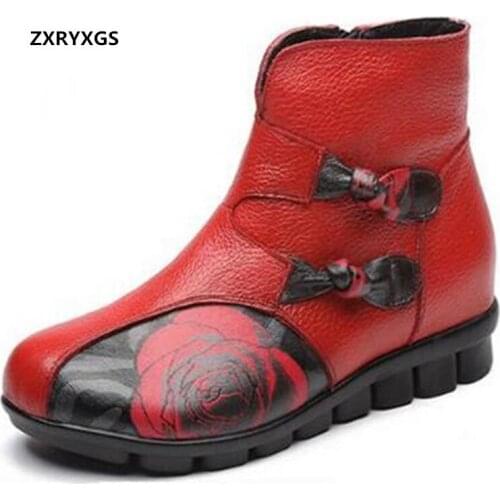 ZXRYXGS Classic Bow Genuine Leather Boots 2020 Autumn Winter Boots Fashion Elegant Printing Non-slip Warm Women Boots Flat Boots