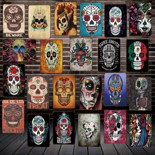 [ Mike86 ] Sugar Skull Mexican Style Metal Tin SIGN Tattoo parlors Shop decor Party Vintage Poster Antique Iron Painting FG-207