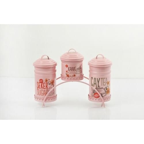Evistro Metal Tea Coffee Sugar Storage Container 3'lü Wrought Iron Standing Pink