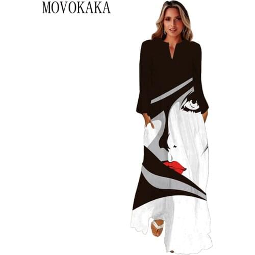 MOVOKAKA 3D Face Printed Autumn Dress 2021 Long Sleeve Breathabl Long Dresses Woman Elegant Girls Casual Black White Dress Women