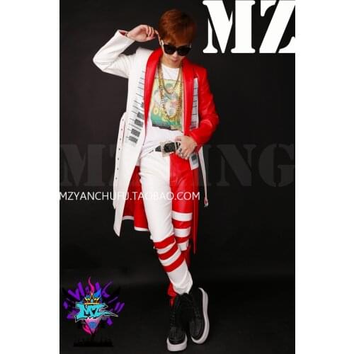 Men Fashion Leather Jacket Dj Red White Piano Ironed Ablazely Long Leather Suit Coat Singer Costumes Clothing Male Trench Coat