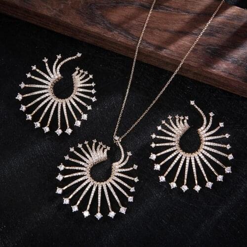 NEW Luxury Firework Pendant Lovers Pendant Cubic Zircon CZ Jewelry sets For Women Wedding Dubai Gold Bridal Jewelry Sets D1425