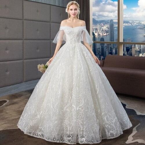 2021 new princess hot selling Boat Neck Ivory Embroidery cheap ball gown lace up back formal bride dresses wedding dress