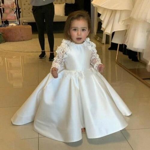 White Flower Girl Dresses for Wedding Jewel Long Sleeve Appliques 3D Floral Child Birthday Party Gowns Girls Pageant Gowns