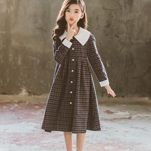 Preppy Style Dresses Teenage Girls Kids Dress Clothes 2020 Spring Autumn Long Sleeve Fashion Cotton Plaid Children Dresses 8-17Y