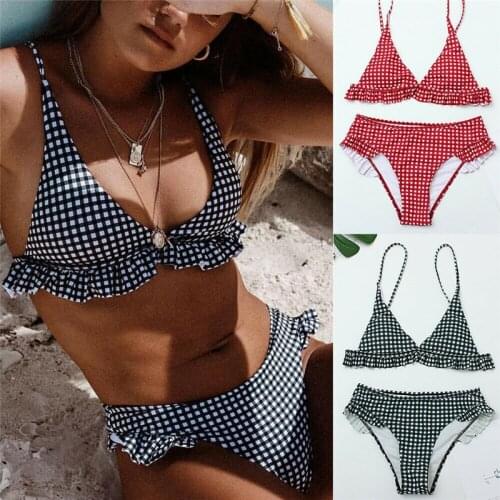 Sexy Plaid Bikini Red Plaid Bathing Suits Swimwear Ruffles Triangle Swimsuits Beachwear Women Swimming Suits