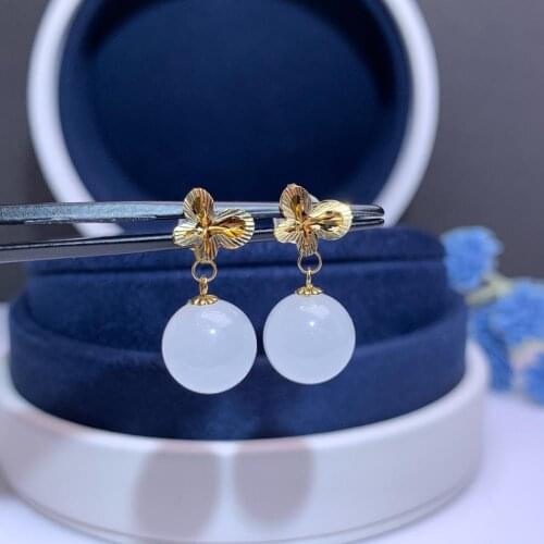 SHILOVEM 18k yellow gold real Natural white Jasper drop earrings classic fine Jewelry women wedding gift 10*10mm myme1010562hby