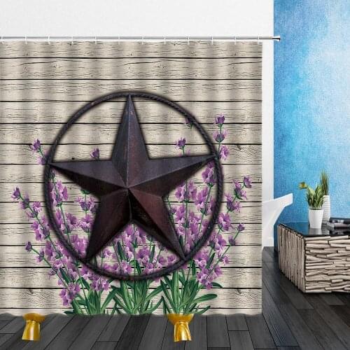 Retro Shower Curtains Wood Board Deck Flowers Five-Pointed Star Pattern 3D Waterproof Cloth Bathroom Decor Curtain With Hooks
