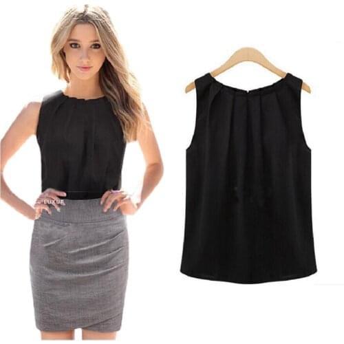 Fold Tank Tops Women Streetwear Loose Casual Chiffon Solid Sleeveless Vest Summer Top O-neck Black Top Women Clothing