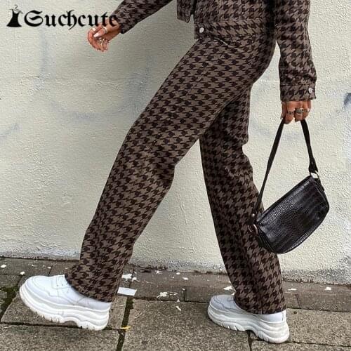 SUCHCUTE Streetwear Fashion Houndstooth Womens Pants Casual High Waisted Straight y2k Pants Vintage Korean Style 90s Trousers