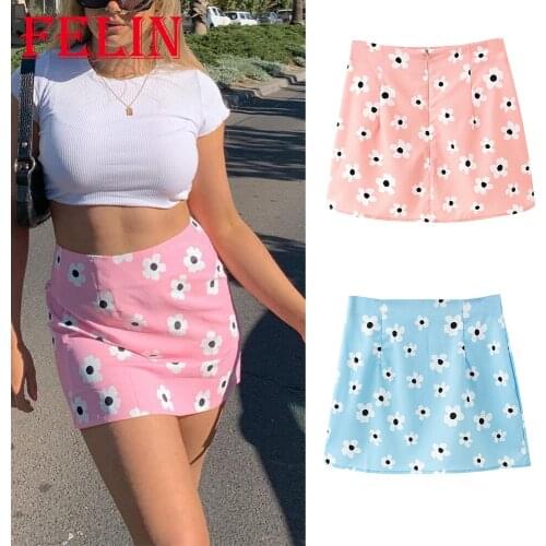 FELIN Za 2021 Chic Pink Floral Mini Sheath Skirts High Waist Zipper Sexy Slim Girls Skirts Summer Stylish Mujer Faldas Vestidos
