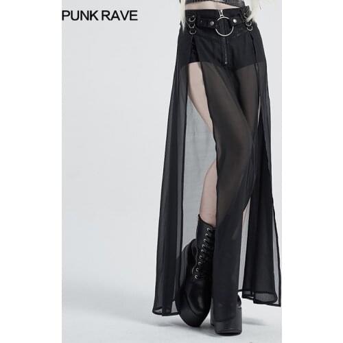 PUNK RAVE Womens Punk High Waist Fake Two-pieces Half Skirt Simple Style Split Hem Sexy Perspective Chiffon Women Long Skirts