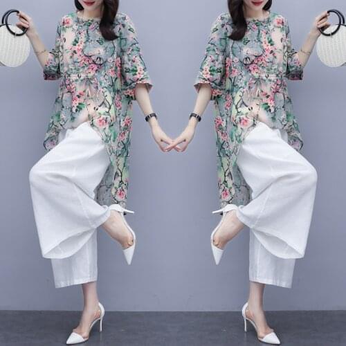 Women Plus Size Clothes Set Summer Floral Print Loose Chiffon Top Cotton Linen Wide-Leg Pants Korean Casual Female 2 Piece Suit