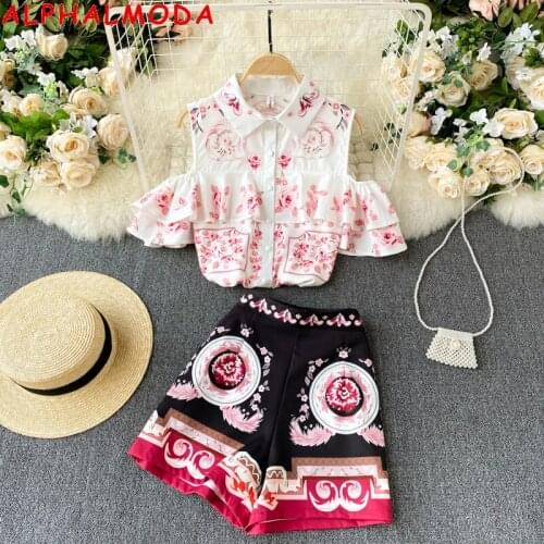 ALPHALMODA Retro Fashion Suit Printed Off Shoulder Ruffle Short Sleeve Shirt + High Waist Skirt Women Fashion 2pcs Summer Set