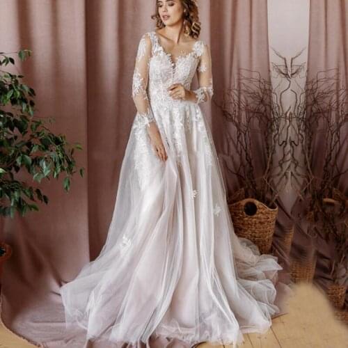 2021 Vintage Lace Wedding Dresses Appliques Bohemian Bridal Gowns Long Sleeve Custom Made White Ivory Lace Marriage Dress
