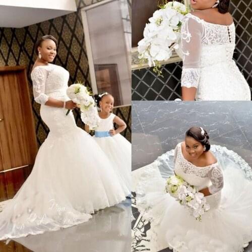 African Wedding Dresses 2019 Half Sleeve Lace Appliques Off-Shoulder Mermaid Bride Gowns Custom Size Wedding Gowns