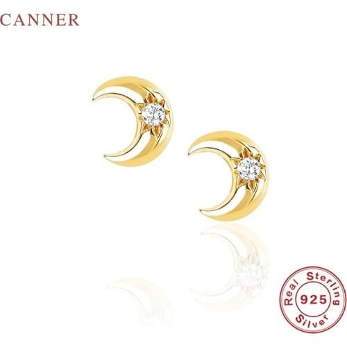 CANNER Fashion Mini Moon Earrings For Women 100% Real 925 Sterling Silver Piercing Stud Earrings Zircon Fine Jewelry Pendientes