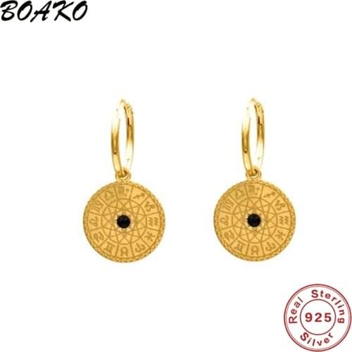 BOAKO 100% 925 Real Sterling Silver Earring 12 Constellations Zodiac Pendant Drop Earrings For Women Girls Birthday Gift Jewelry