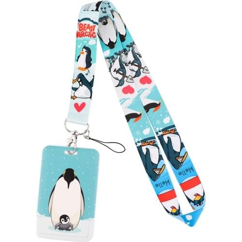 PF1016 Cute Penguin Lanyard Keychain Charm Cartoon Print Ribbon Hand Rope Car Key Chain Card cover ID Badge Holder Accessories
