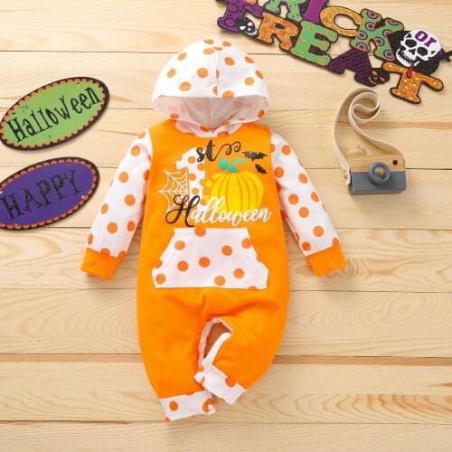 Newborn Baby Girl Boy Clothes Halloween Jumpsuit Fashion Kids Dots/Pumpkin Hooded Long Sleeves Romper with Buttons
