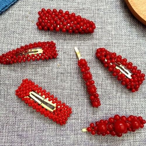 DHL 200pcs Lucky Red Pearl Full Cover Hairpin Girls Sweet Hair Clip Barrettes Headband BB Clip Fashion Headwear