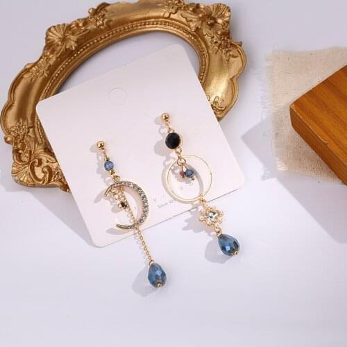 Retro Long Pendant Asymmetry Earrings Women Jewelry Blue Moon Water Drop Rhinestone Long Ear