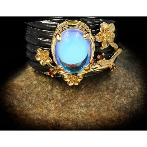 New Creative Moonlight Gemstone Ring Tree Branch Flower Twine Ladies Moonstone Ring Elegant Ladies Black Gold Jewelry