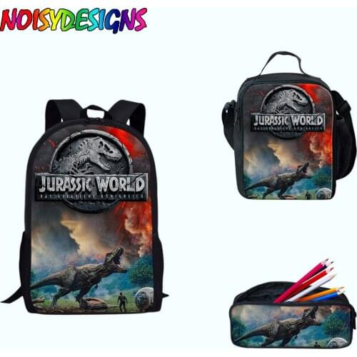 NOISYDESIGNS Dinosaur Jurassic World Prints School Bags Set 3Pcs Backpack Teen Boys Students Book Bag with Lunch Box Pen Case