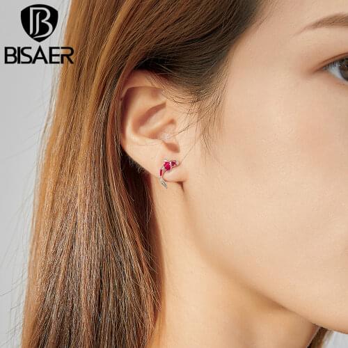 Luck & Courage Earrings BISAER 925 Silver Koi Red Enamel Silver Polished Women Stud Earrings Sterling Silver Jewelry ECE812