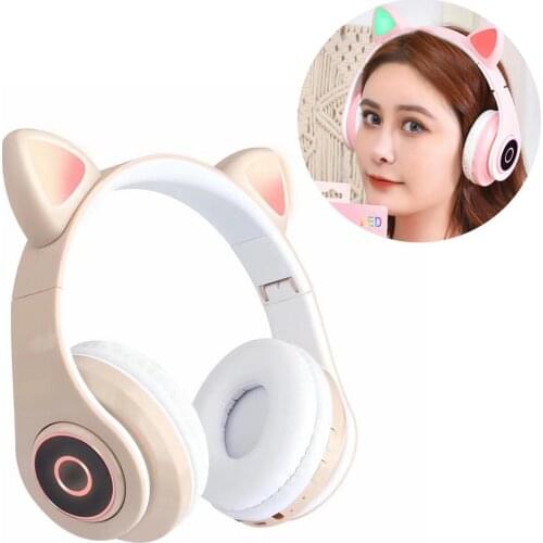 Cute Cat Bluetooth 5.0 Headset Wireless Hifi Music Stereo Bass Headphones LED Light Mobile Phones Girl Daughter Headset For PC