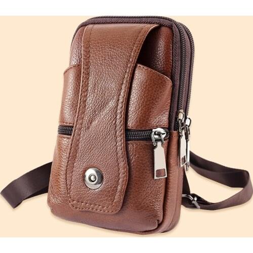 2021 Mens Casual Waist Belt Bags Multi-Pockets Belt Bag Male Business Mobile Zip Phone Pocket Soft pu Leather Crossbody