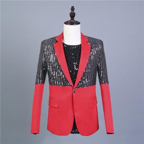Red and Black Splicing Men Personalized Fashion Slim Fit Single Button Casual Blaser Mens Party Dress Suits Man Stage Clothes