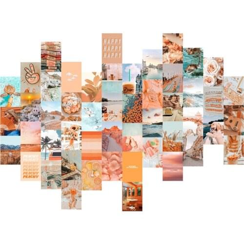 50pcs Bohemian Style Orange Aesthetic Wall Art Photo Collage Kit Postcards Sea Sunset Flower Pretty Pictures for Bar Cafe Decor