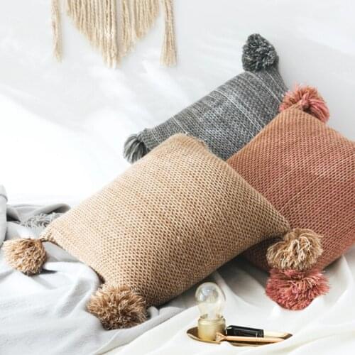 Nordic Modern Knitted Throw Pillow Case with Tassels Crochet Simple Solid Color Sofa Bed Decorative Square Cushion Cover
