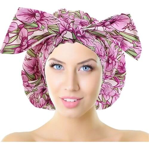 Front Tie Waterproof Shower Cap Floral Thicken Bath Hat Bathing Cap For Women Spa Bathing Accessory Hair Salon Bathroom Cap