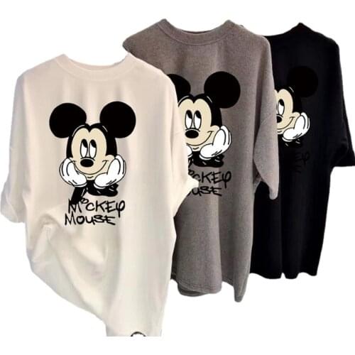 Disney Mickey Cartoon Print Short-sleeved Top Summer Casual Oversized Loose Mid-length T-shirt Womens Hip-hop Street Style