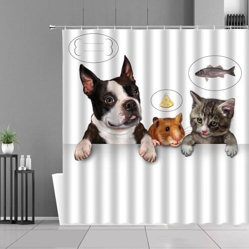 Funny Animal Waterproof Shower Curtains Cute Bulldog Cat Squirrel Pattern Bath Curtain Home Decoration Bathroom Screen Polyester