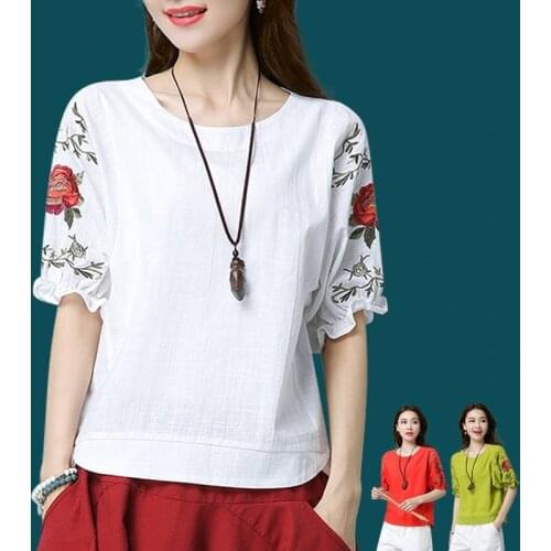 2019 Summer Blusas Femininas Women Blouse Shirt Mori Girl Sweet Flower Embroidery Lantern Sleeve Cotton Linen Blouse Tops Female