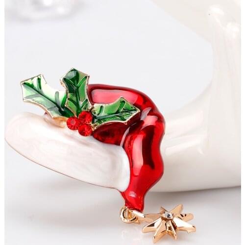 Star Christmas Hat Brooch Charming Red White Green Enamel Colours Brooches for Women Children Crystal Pins Jewelry Gifts