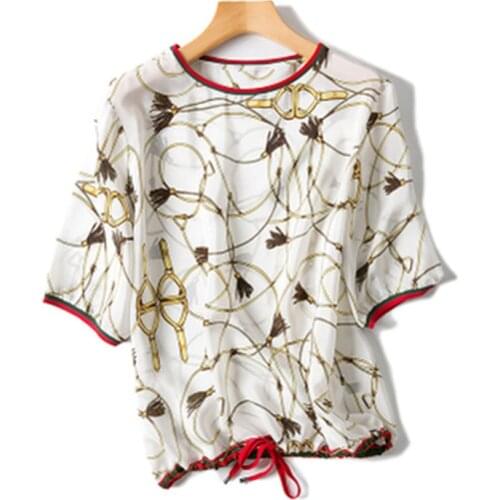 Women fashion vintage printed silk t-shirt oneck pullover short sleeve white 2color one&over size