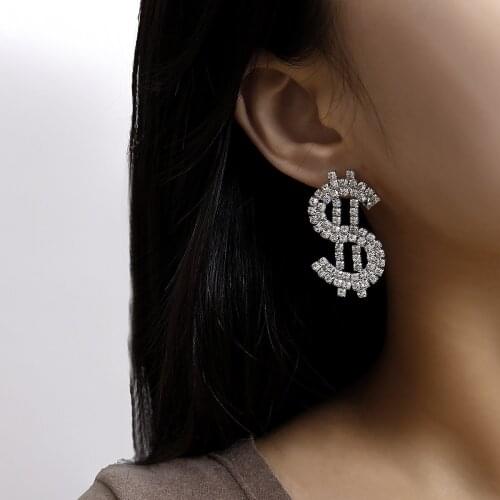 Dollar Symbol $ Ear Studs Woman Shining Earrings Rhinestone Fashion Jewellery Golden Symmetric Letter Gift Party