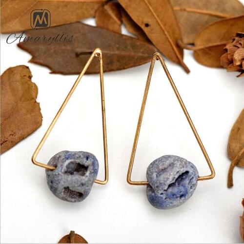 Amaiyllis National Element Alloy Triangle Pendant Earrings For Women Handmade Stone Bead Dangle Earrings Hollow Geo Drop Earring