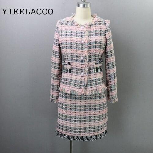 Pink plaid tweed jacket + skirt suit 2020 autumn / winter womens coat suit new ladies small fragrance wind skirt 2 piece suit